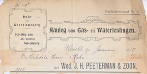 711855 Kop van een nota van de Weduwe J.H. Peeterman & Zoon, Huis- en Kachelsmederij, Aanleg van Gas- en ...